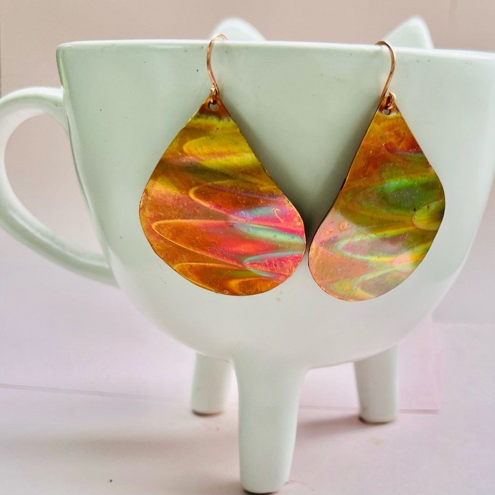 Large teardrop shaped flame-painted copper earrings